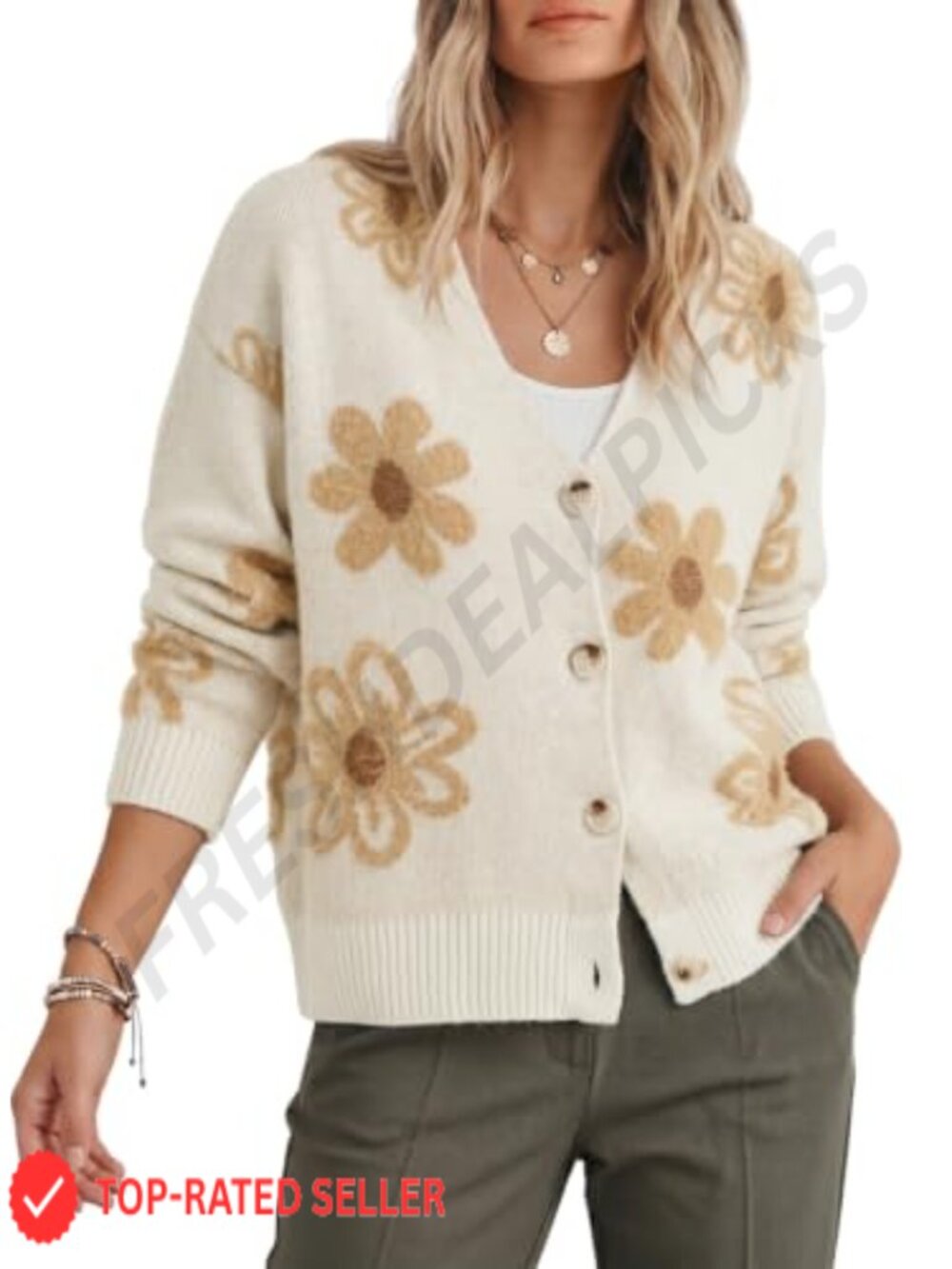 Fuzzy Floral Knit Open Front Cardigan Sweater Button Down Long Sleeve